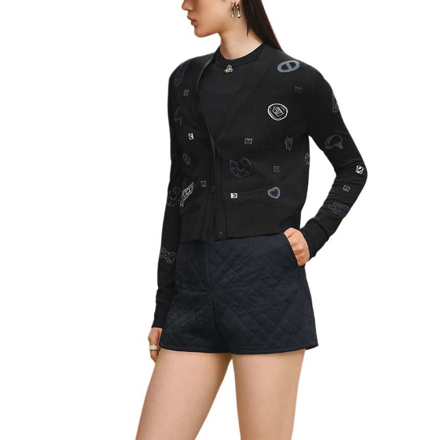 HERMES Sweaters Women's Black V Neck Moderate Cardigan