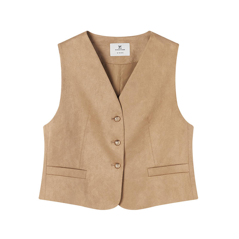 XIANGYING Vests Women's Light Khaki V Neck Moderate