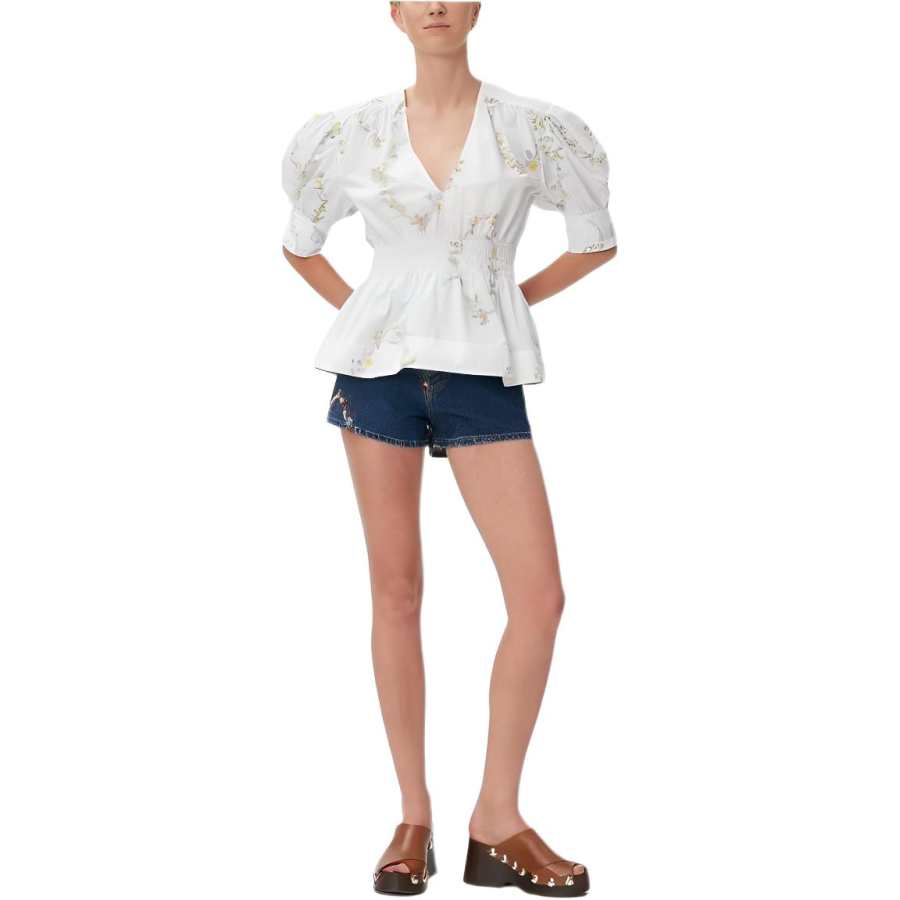 GANNI Shirts Women's White V Neck Moderate Shirt