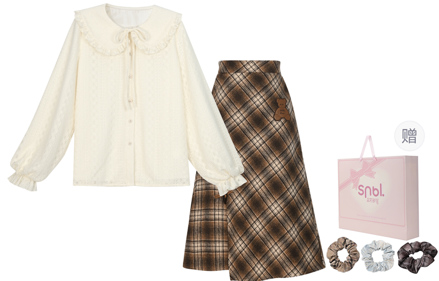 SNBL Two Piece Skirt Sets Women's Shirt+Skirt Peter Pan Collar Moderate Mid Length
