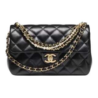 CHANEL Sheepskin Material Vintage Gold Chain Shoulder Bag Small Women's Black