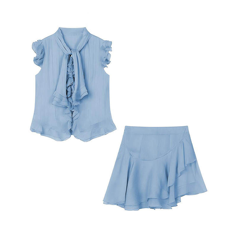 MARIE·COCO Two Piece Skirt Sets Women's Light Blue Top+Skirt Lace Up Moderate Short