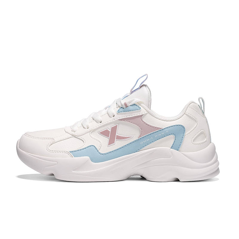 XTEP Synthetic Leather Cushioning, Wear Resistant Low top Casual Running Shoes Women's Sail White Clear Blue Light Pink