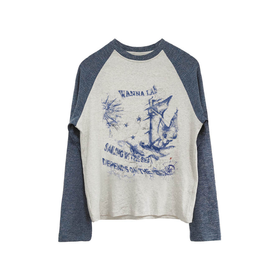 WANNA LAB T Shirts Unisex Blue & White Crew Neck Thin
