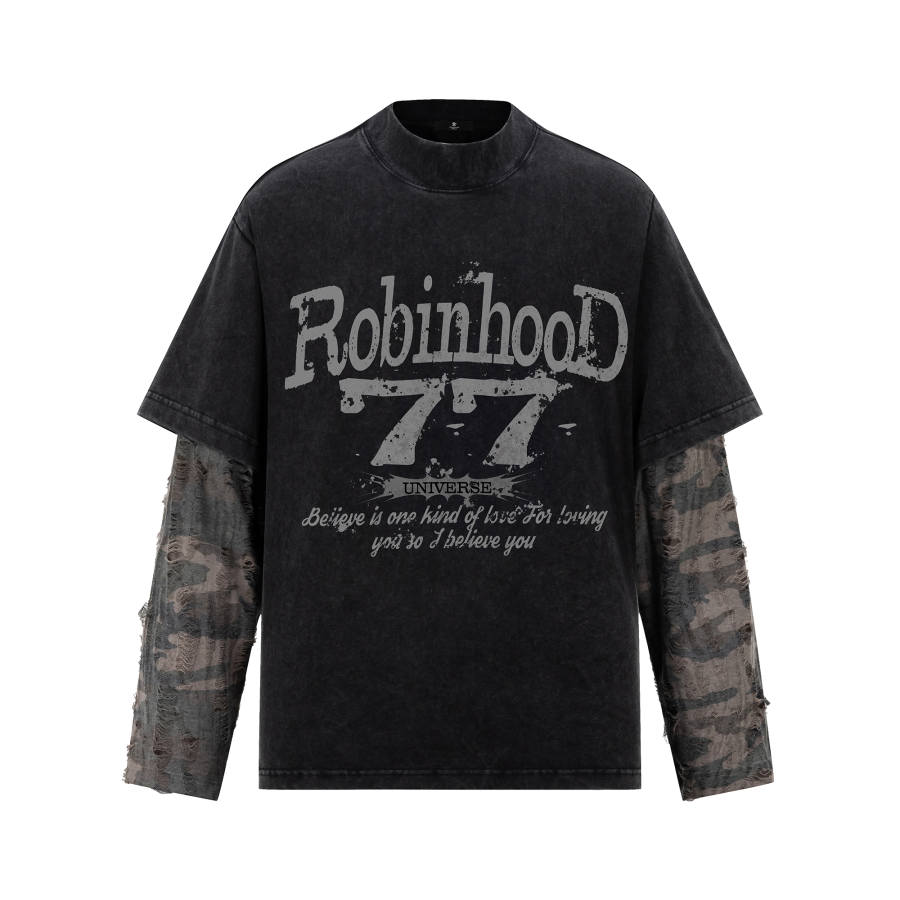 ROBINHOOD T Shirts Women's Black Brown Camouflage Half Turtleneck Moderate Mock Two Piece