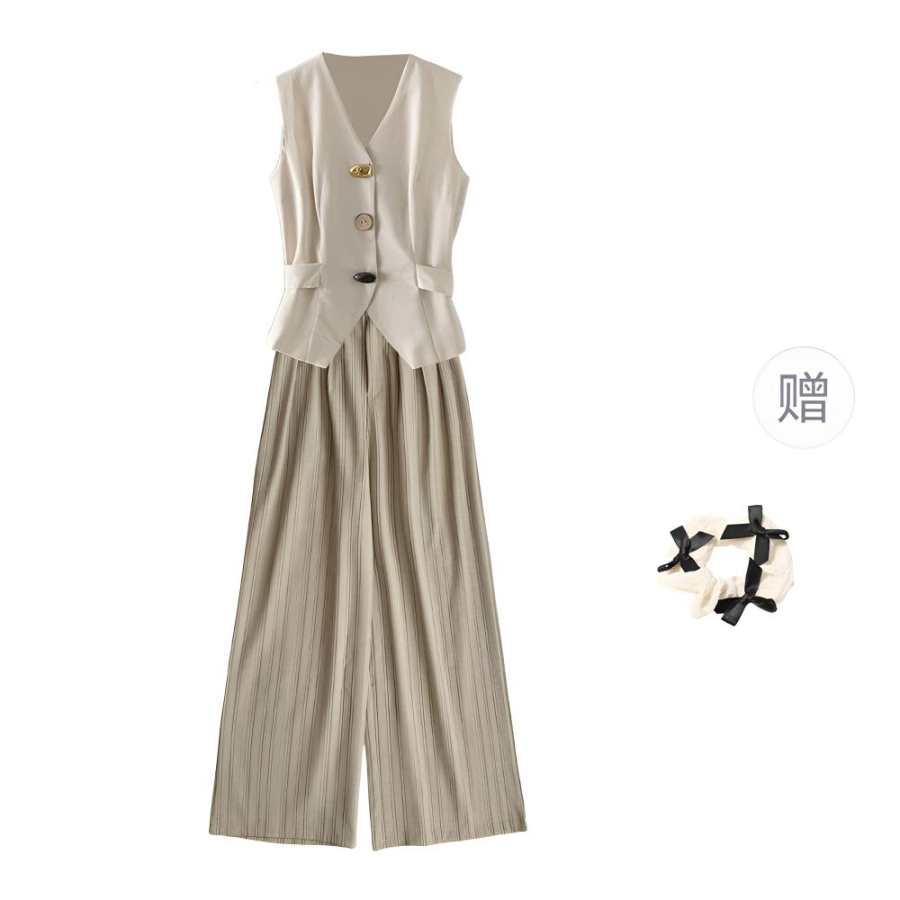 CPAURA Casual Suits Women's Clothing Sets Top+Pants+Bowknot Hair Tie Comes With V Neck Moderate Short