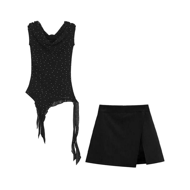 MARIE·COCO Two Piece Skirt Sets Women's Black Top+Skirt Boat Neck Moderate Short