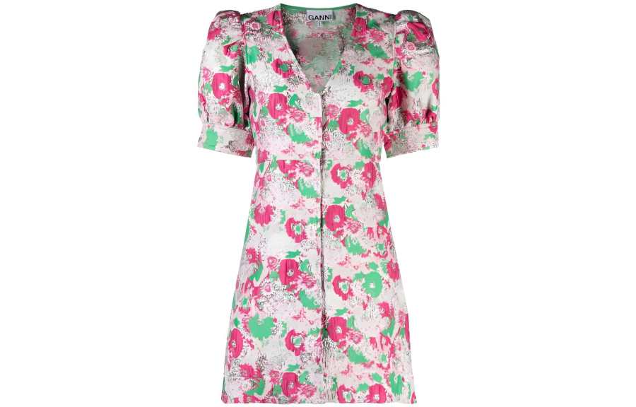 GANNI Floral Printed V Neck Mini Dress