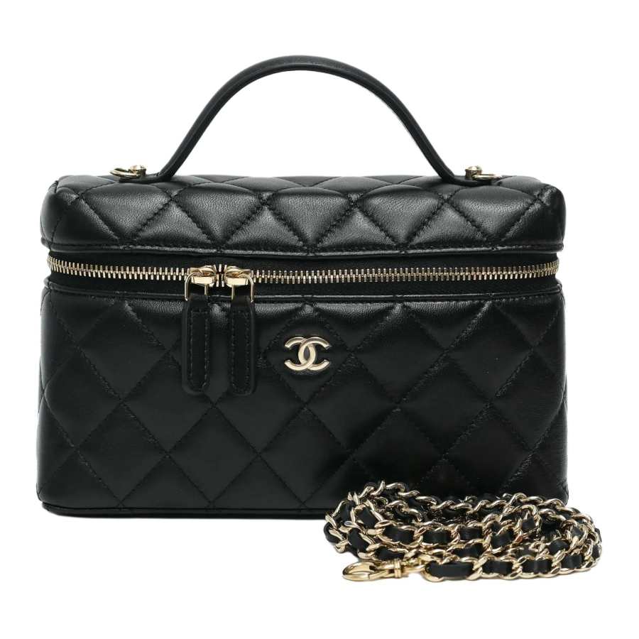 CHANEL Sheepskin Material Gold Metal Crossbody Handbag Women's Black