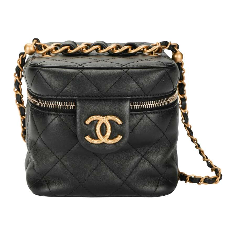 CHANEL Calfskin Makeup Bag, Shoulder Bag, Crossbody Bag Small Women's Black