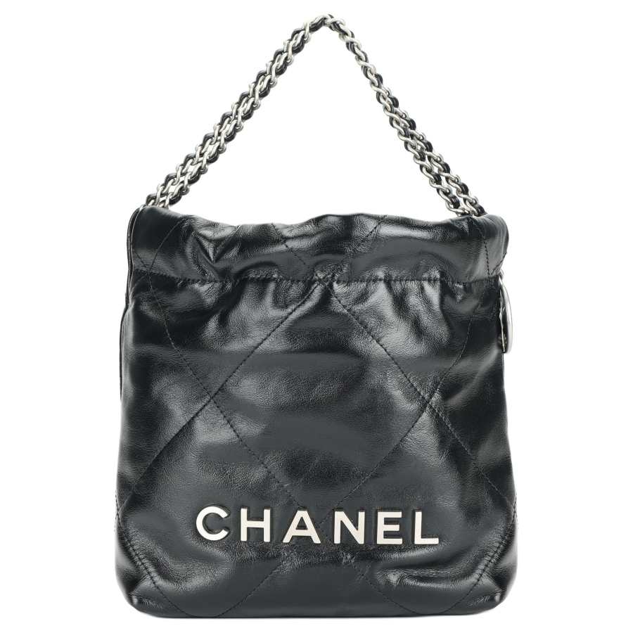 CHANEL 22Bag Cow Leather Material Silver Metal Garbage Bag Shoulder Bag Mini Women's Black