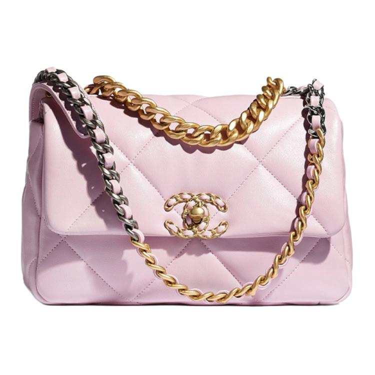 CHANEL 19Bag Shiny Lambskin Gold, Silver, Rhodium Metal Flap Bag, Crossbody Bag, Shoulder Bag Women's Light Pink Red