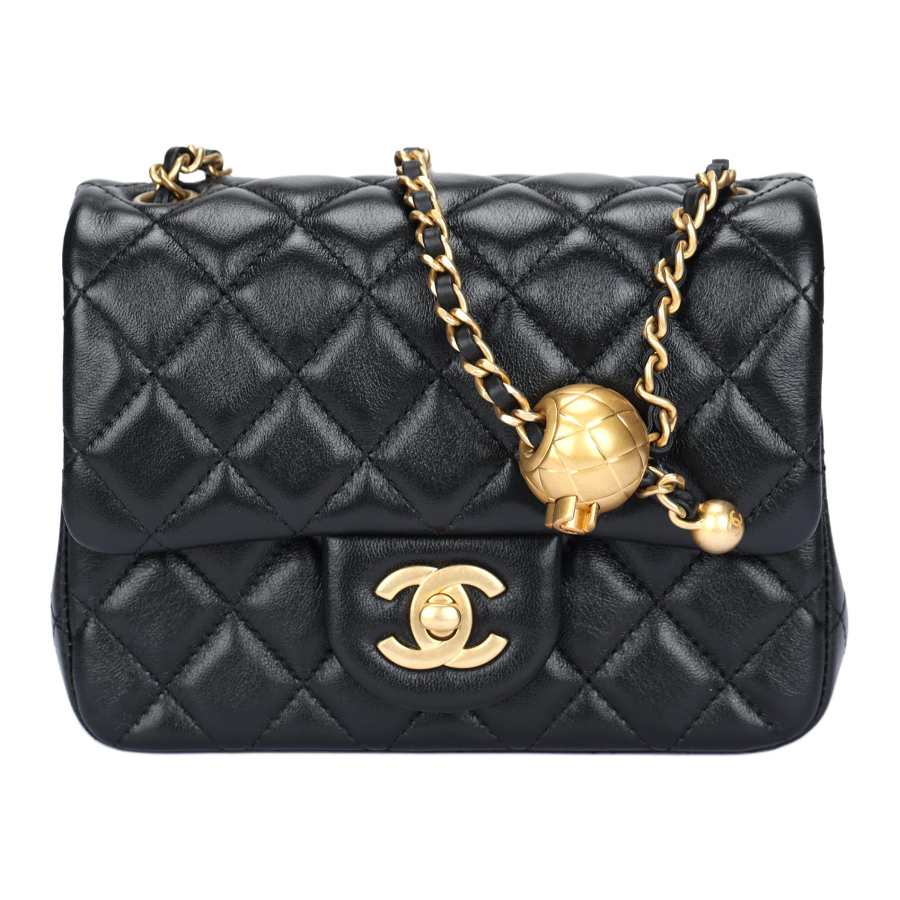 CHANEL 24K Shiny Lambskin Gold Ball Mini Flag Bag Women's Black