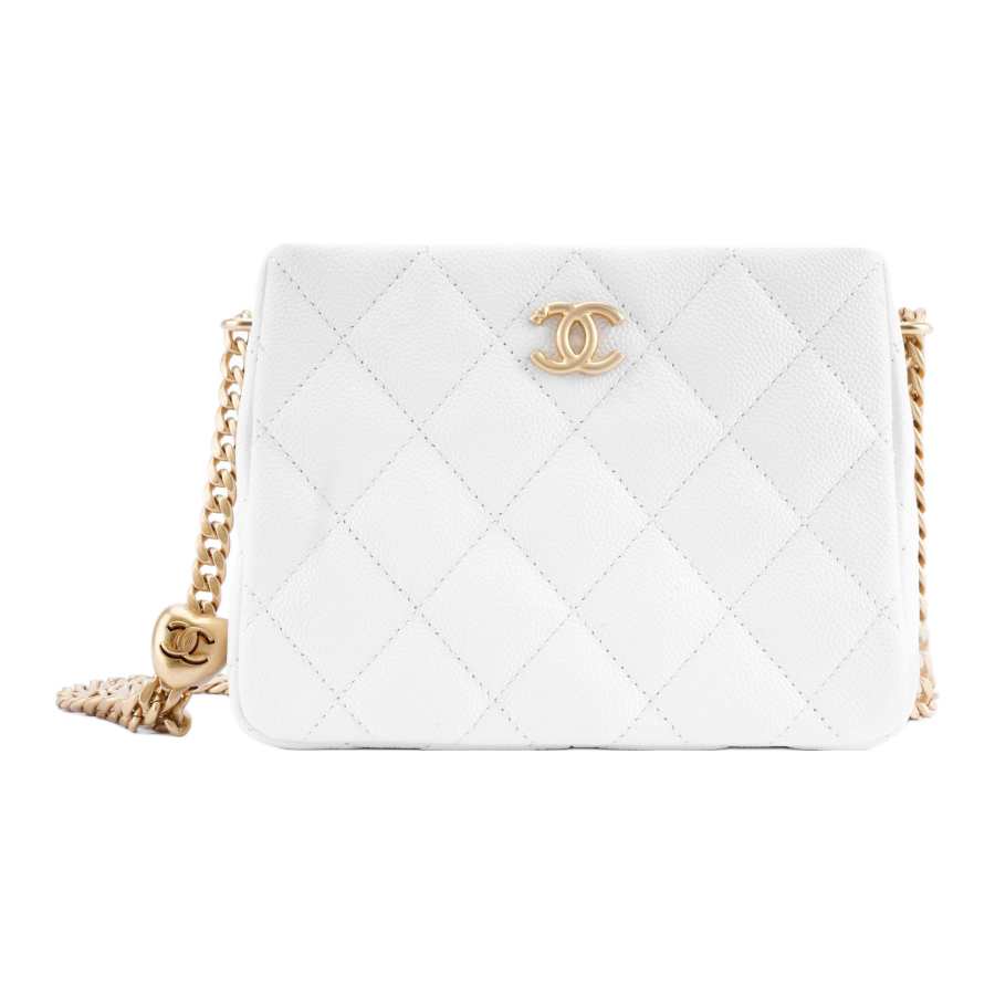 CHANEL 23P SS Cow Leather Grain Embossed Hobo Bag, Small Square Bag, Shoulder Bag, Crossbody Bag Small Unisex White