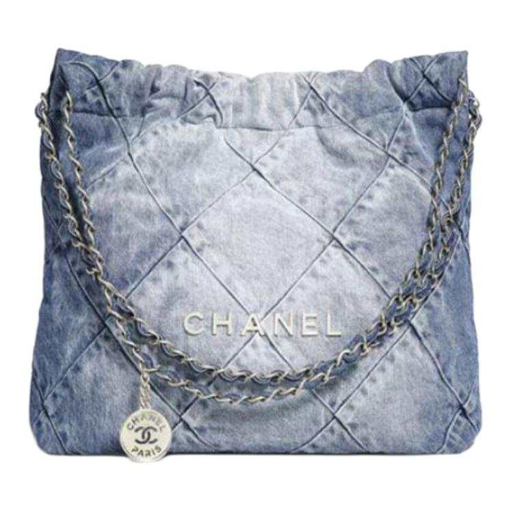 CHANEL 22Bag Distressed Denim Trash Bag, Handbag, Shoulder Bag Small Women's Washed Denim Blue