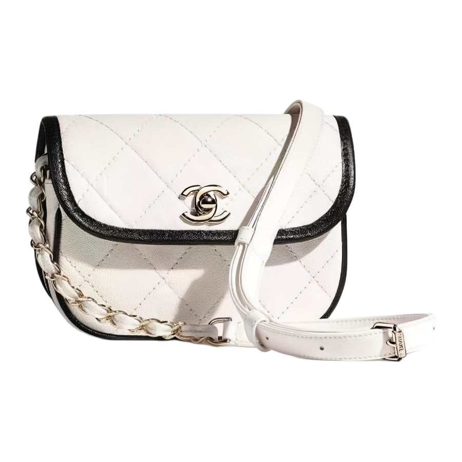 CHANEL Cow Leather Material Gold Metal Messenger Bag, Crescent Bag, Crossbody Bag, Shoulder Bag Women's White Black