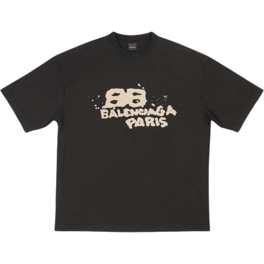 Balenciaga Men's Hand Drawn BB Icon Medium Fit Vintage T-Shirt Black/Beige