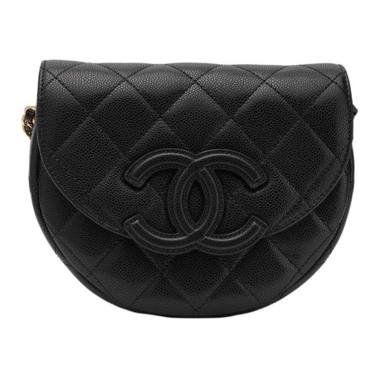 CHANEL Litchi Grain Cow Leather Crescent Bag, Flap Bag, Saddle Bag, Shoulder Bag, Crossbody Bag Small Unisex Black