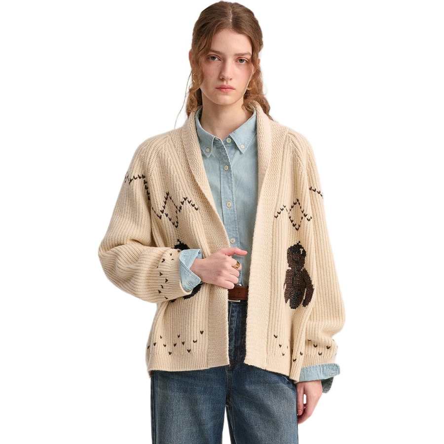 Teenie Weenie Knitwear Women's Ivory White V Neck Moderate Cardigan