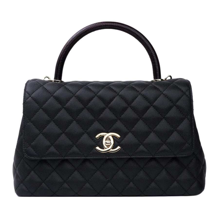 CHANEL Coco Handle Caviar Cow Leather Chain Bag, One Shoulder Handbag Women's Black