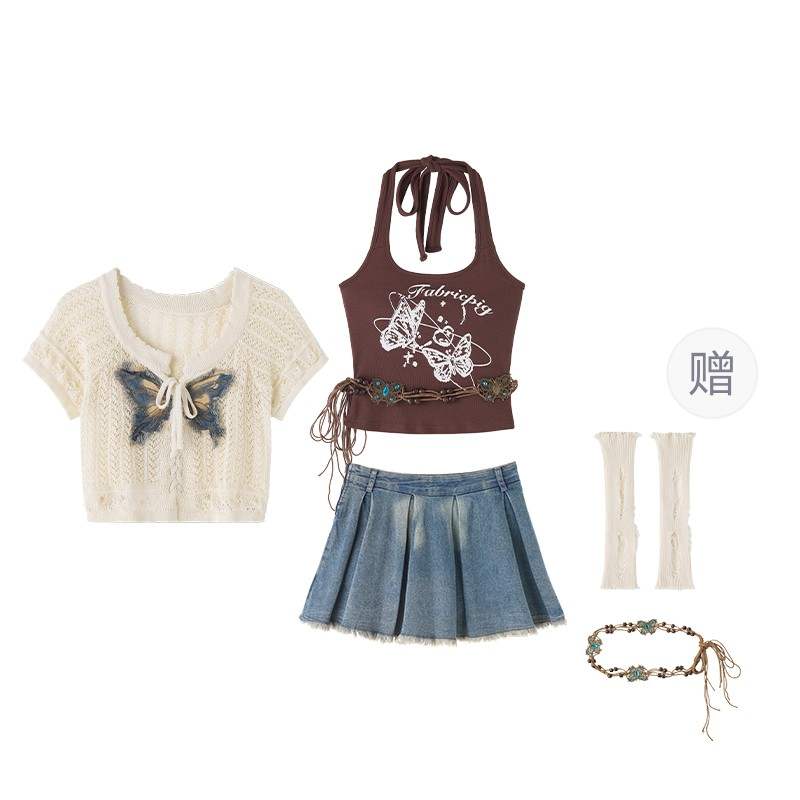 FABRIC PIG Casual Suits Women's Ecru Top+Camisole+Short Skirt Crew Neck Thin