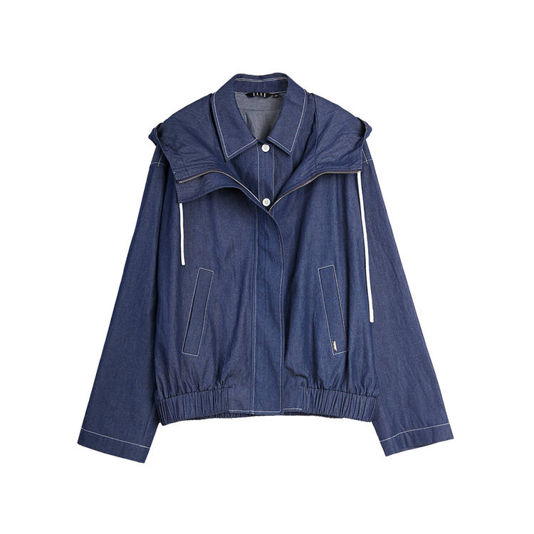 ELLE Cropped Coats Women's Denim Blue Hooded Moderate