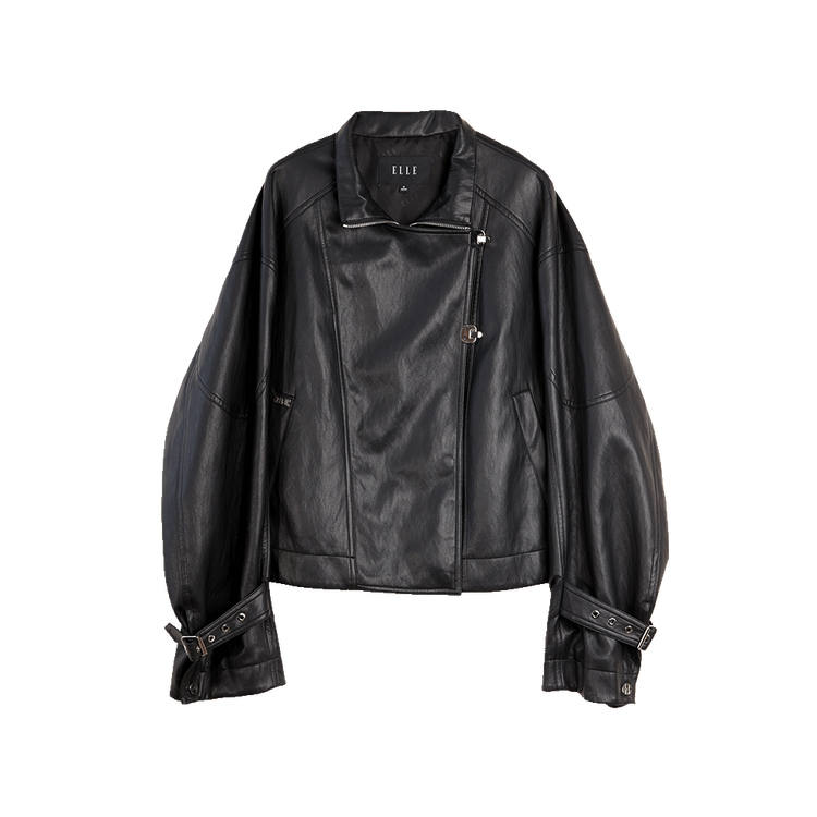 ELLE Leather Jackets Women's Black Lapel Moderate Workwear