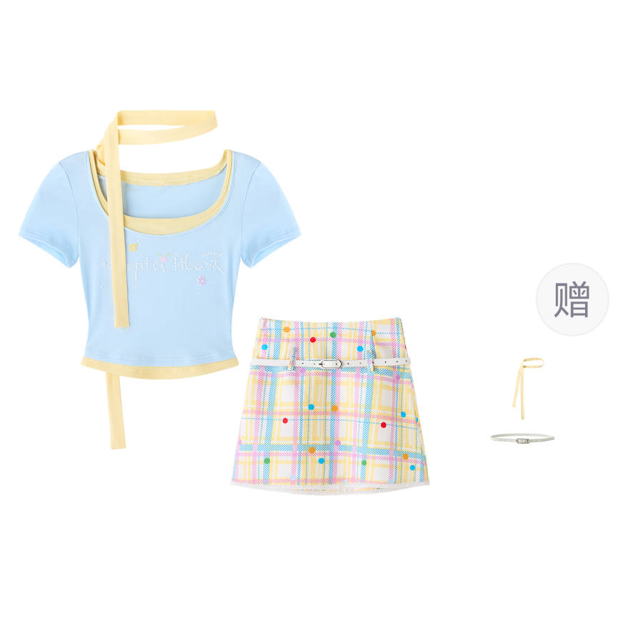 FABRIC PIG Two Piece Skirt Sets Women's Blue Yellow Set Crew Neck Moderate Short
