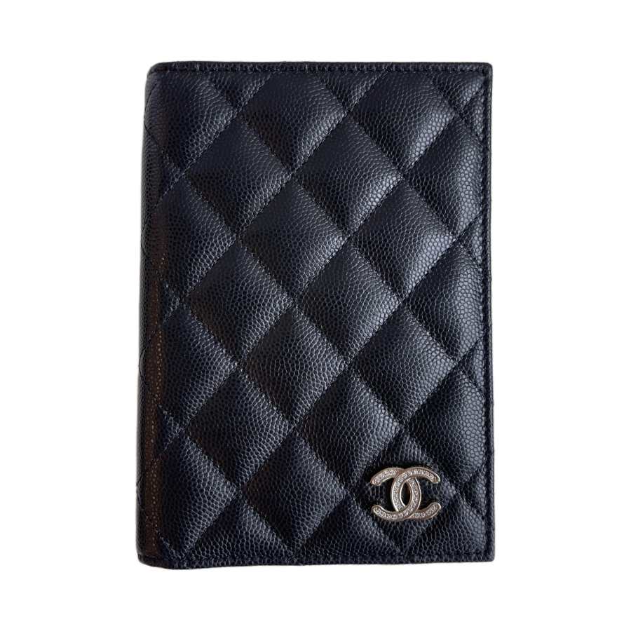 CHANEL Litchi Cow Leather Passport Holder Regular Women's Black