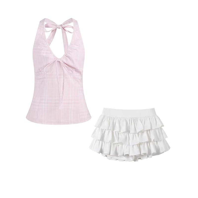 MARIE·COCO Two Piece Skirt Sets Women's Pink Top+Skirt Lace Up Moderate Short
