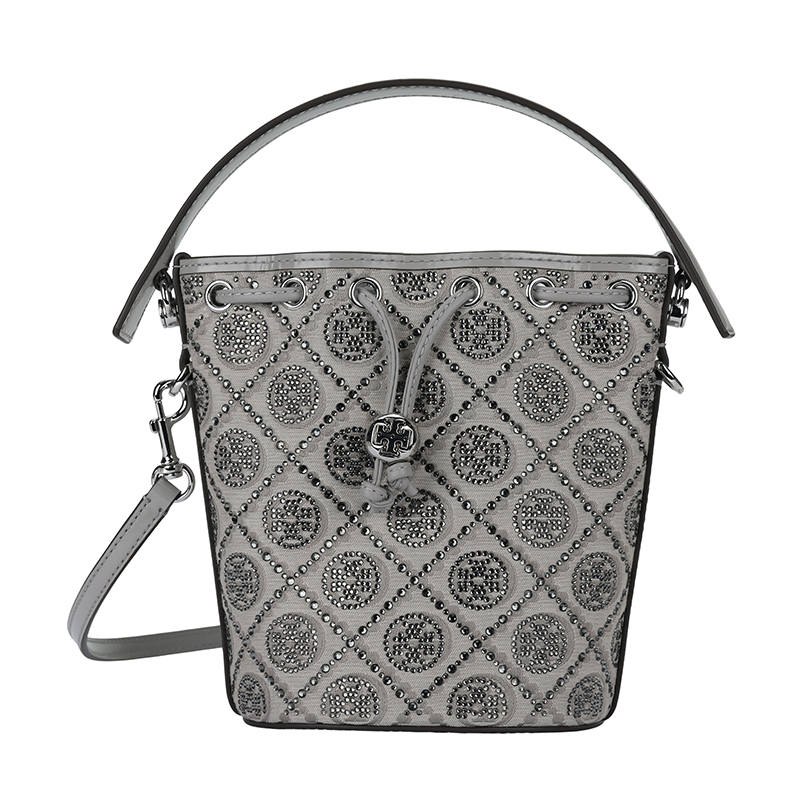 TORY BURCH T Monogram Cotton Bucket Bag, One Shoulder Handbag Mini Women's Gray