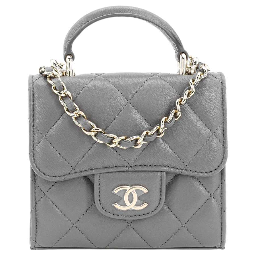 CHANEL Lambskin Clutch Handbag Mini Women's Gray