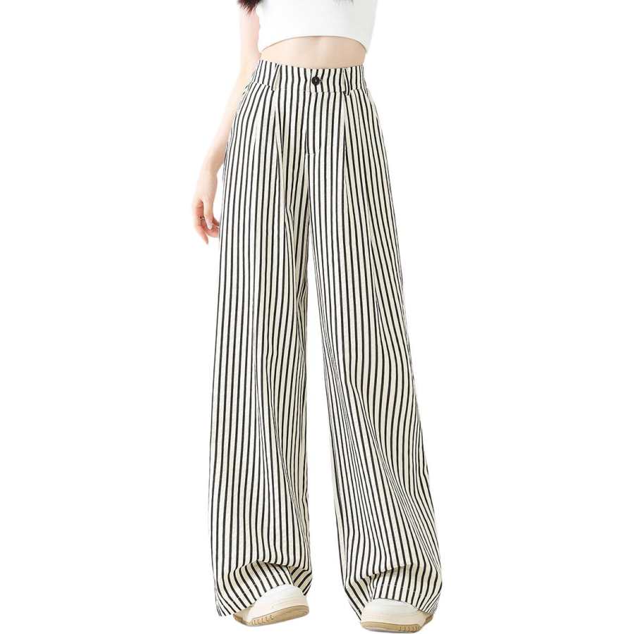 BALENO Casual Pants Women's Black White Stripes Thin Wide Leg Pants