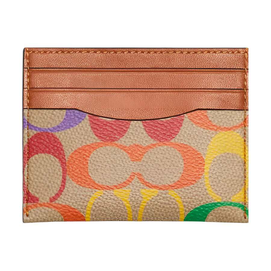 COACH Card Case Coated Canvas With Refined Calfskin Card Holder Card Holder Women's Brown & Rainbow