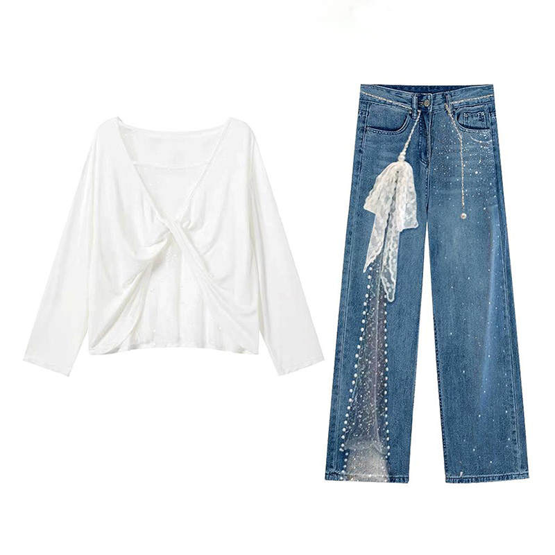MARIE·COCO Casual Suits Women's White Top+Pants V Neck Moderate Short