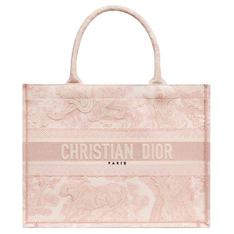 DIOR Medium DIOR Book Tote-Ecru And Pink Toile De Jouy Embroidery
