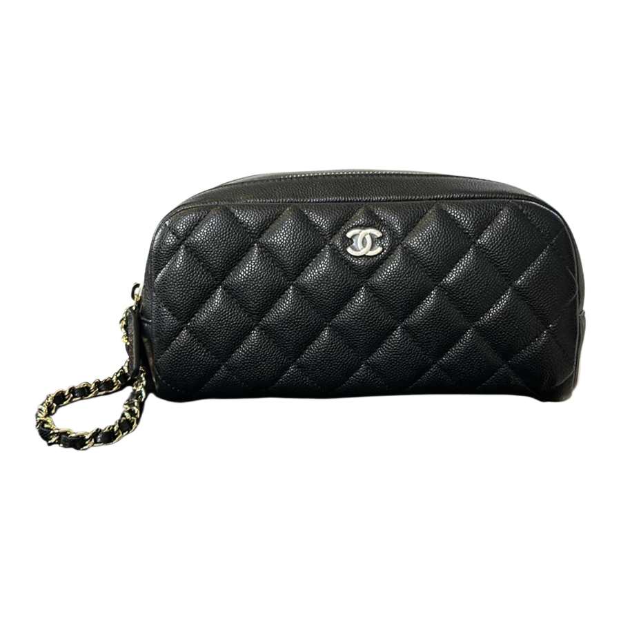CHANEL Grain Cow Leather Material Gold Metal Toiletry Bag Women's Black
