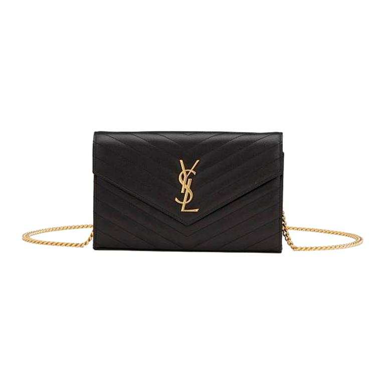 SAINT LAURENT Monogram Chain Wallet Matelasse Grain De Poudre Gold tone Black