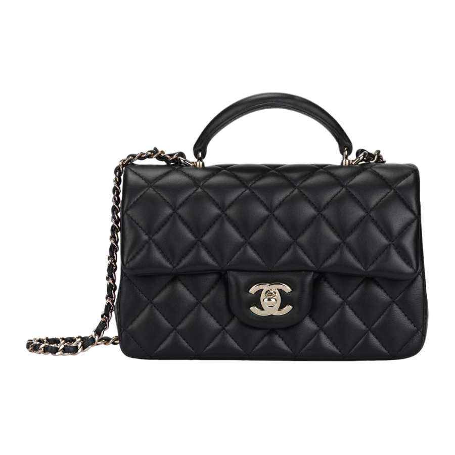 CHANEL Classic Flap CF Lambskin & Gold Metal Flap Bag, Crossbody Handbag Mini Women's Black