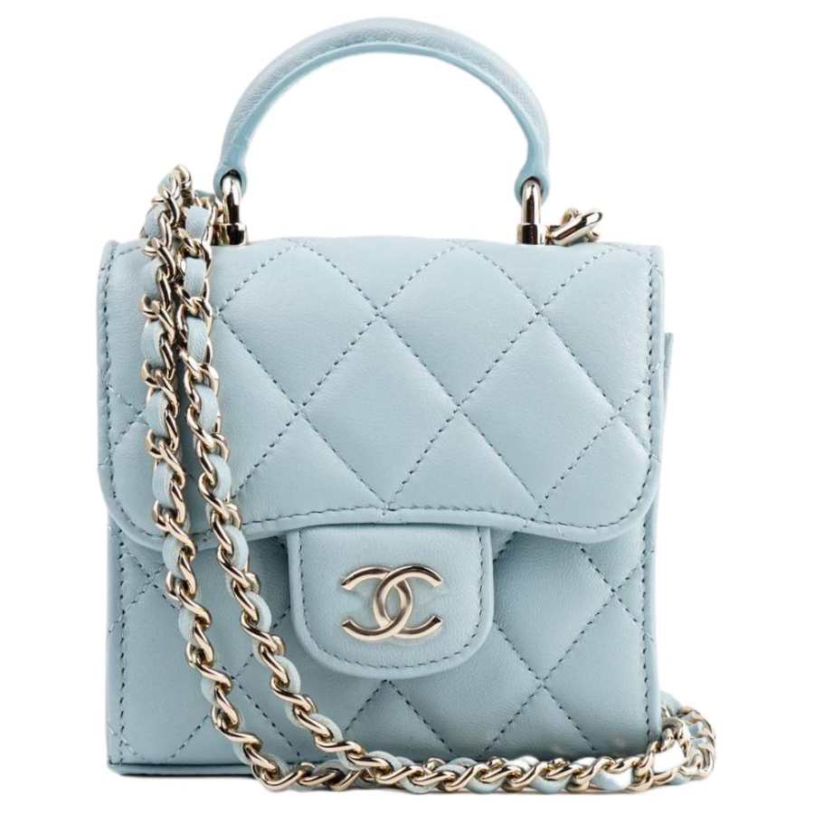 CHANEL Sheepskin And Gold Metal Handbag Women's Light Blue Baby Blue