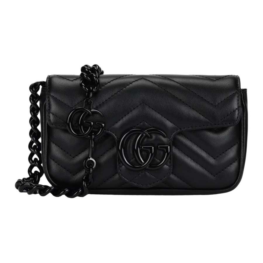 GUCCI GG Marmont Leather With Ceramic Fanny Pack, Shoulder Bag Extra Mini Women's Black