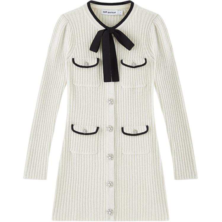 Self-portrait Self Portrait Long Sleeved Dresses Women's Ivory White Crew Neck Moderate Short