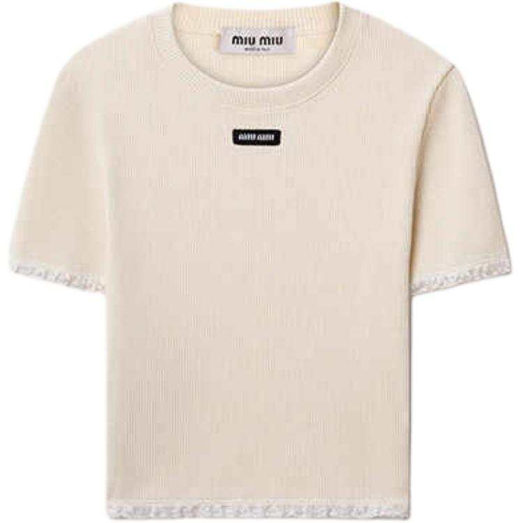 MIU MIU Lace Trim Ribbed Crewneck Top