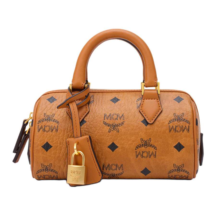 MCM Ella Canvas With Leather Boston Bag, Shoulder Bag, Crossbody Bag, Handbag Mini Women's Brown & Cognac
