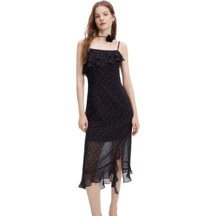 ELLE Slip Dresses Women's Black Floral Square Collar Moderate Mid Length