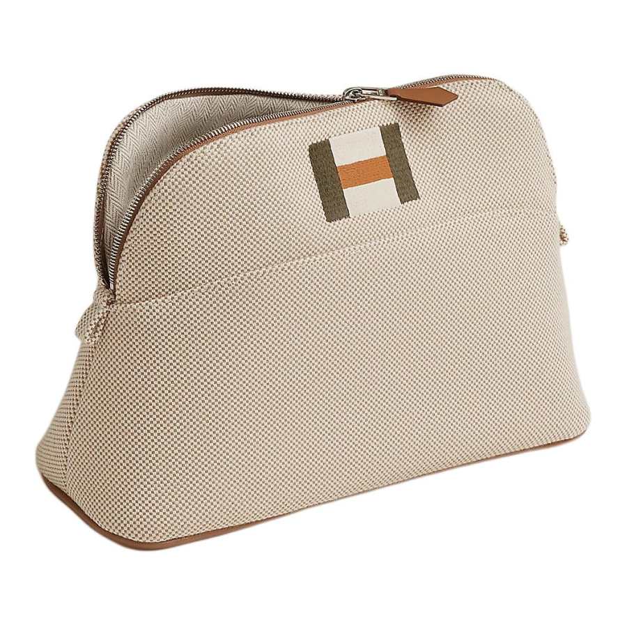 HERMES BolideCasaque Cotton Makeup Bag Medium Women's Beige Gray