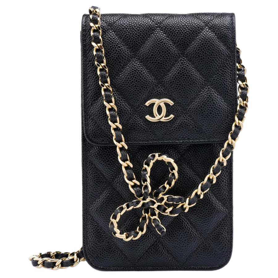 CHANEL Litchi Grain Cow Leather Cell Phone Pouch Small Women's Black