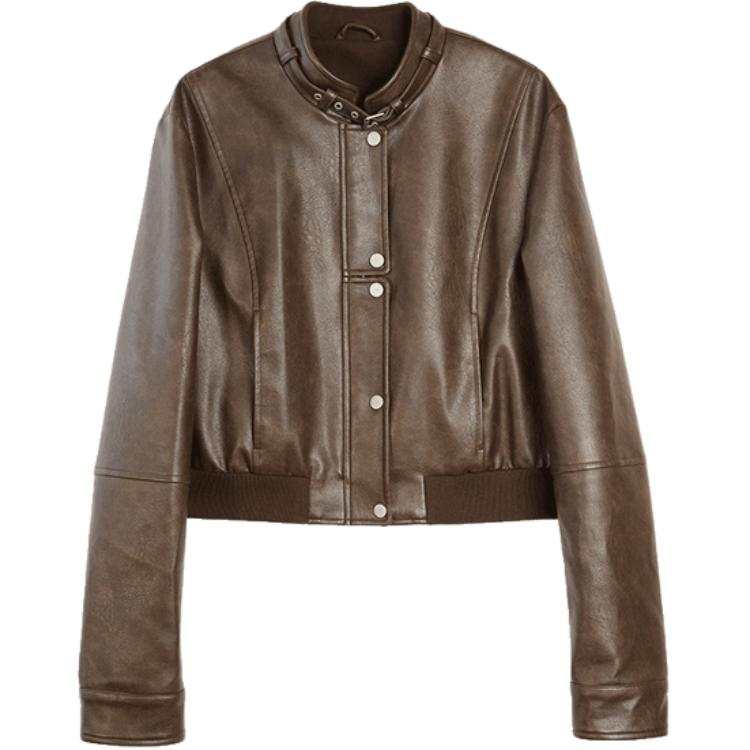ELLE Leather Jackets Women's Coffee Stand Collar Moderate Biker Jacket