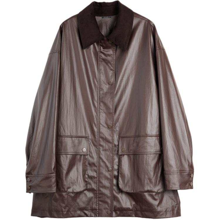 ELLE ELLE Leather Jackets Women's Coffee Lapel Thickened