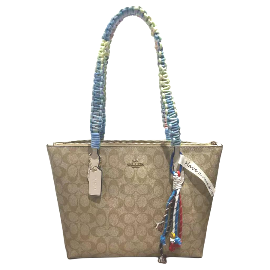COACH Zip Top Tote PVC With Cow Leather Tote Shopping Handbag, Shoulder Bag Large Women's White & Brown Monogram